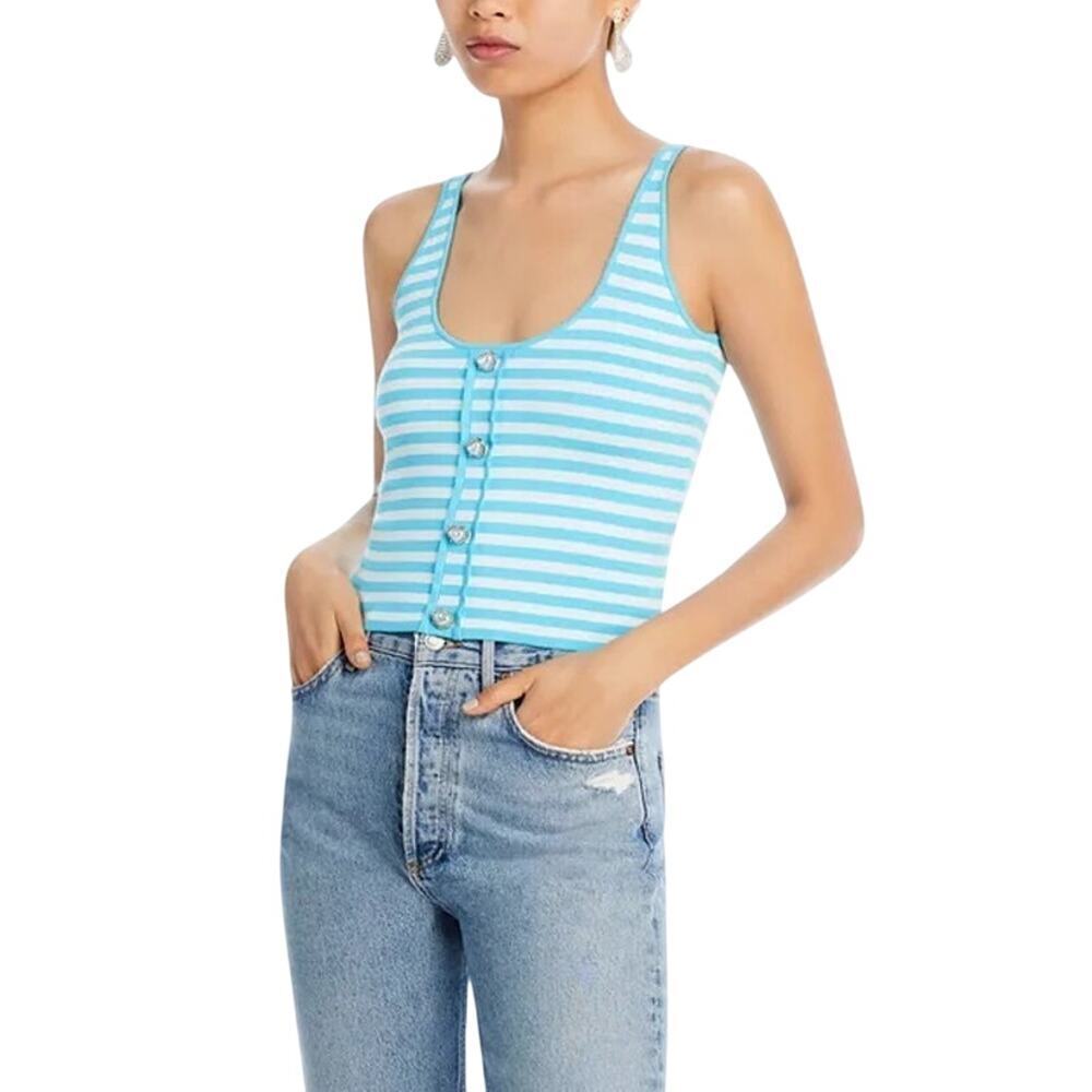 Barbie the Movie x Aqua Heart Button Teal Stripped Crop Top Womens Size Small